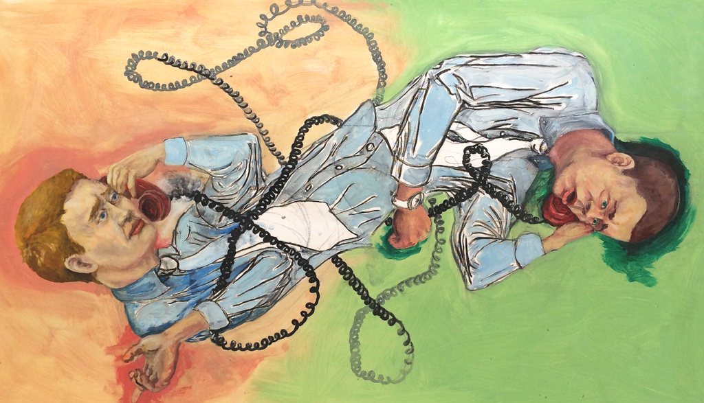 Illustration of tow men with connected bodies talking on chord phones and wrapped in the chords.