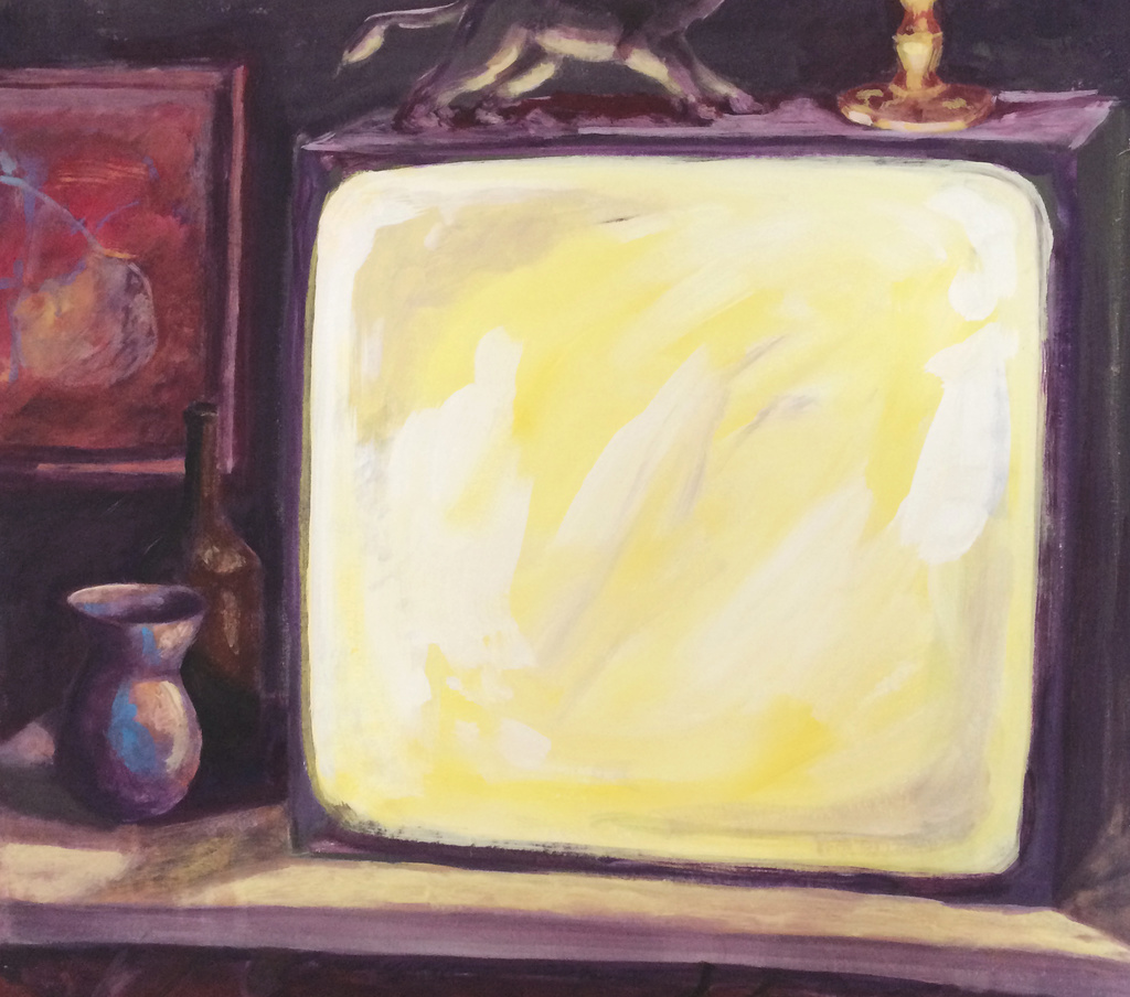 Still-life painting of a light box next to a bottle and a vase.