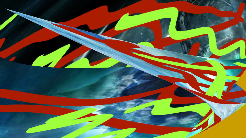 Digital artwork with abstraction of the globe with red and green squiggly lines.