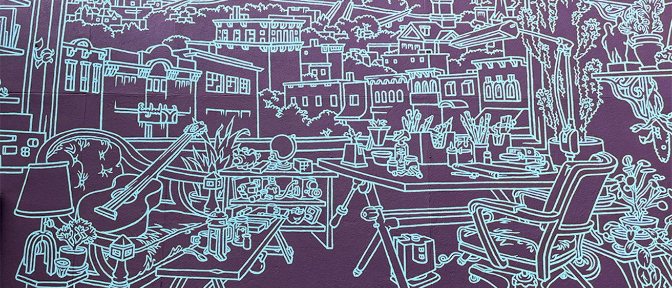 mural in pedmall line drawing on purple background