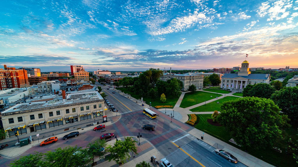 campus view from above with sunset