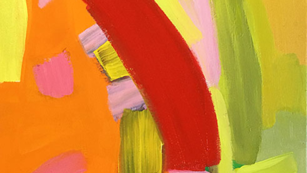 Abstract painting with red, yellow, pink, orange, and green.
