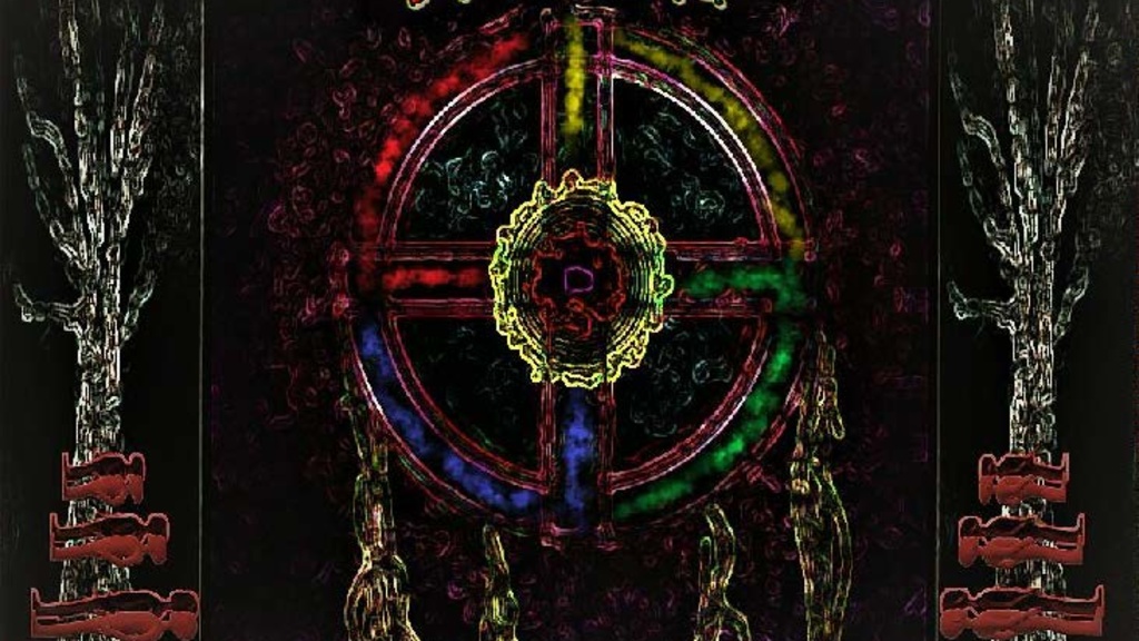 Annotated. Black image of Native American dream catcher with A-Rhodd above, trees on either side, and people laying down on either side as well.