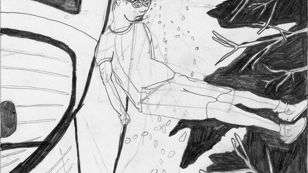 Pencil drawing of a man leaning against a car.