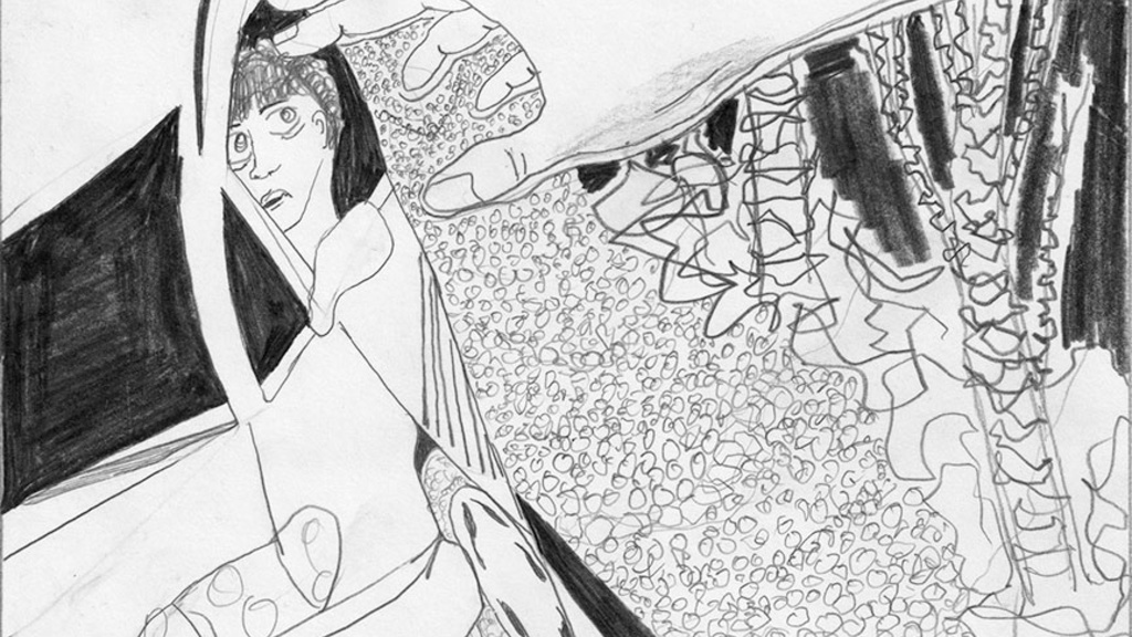 Pencil drawing of a hand reaching in toward a man driving a Toyota car.