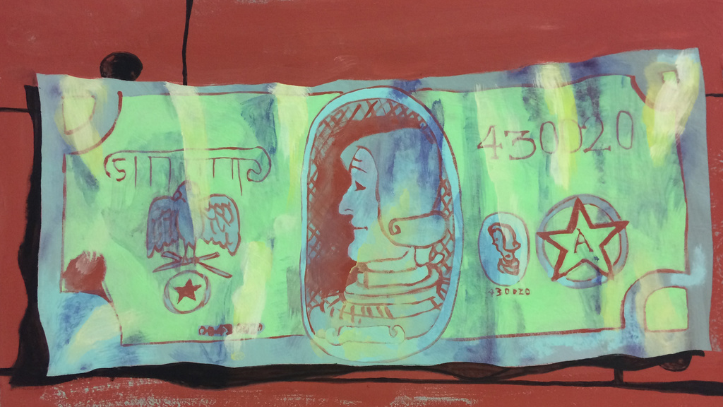 Painting of a fictitious dollar bill or currency.