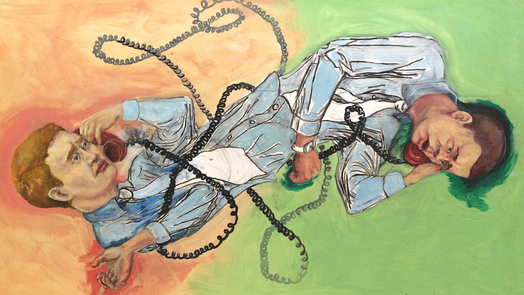 Illustration of tow men with connected bodies talking on chord phones and wrapped in the chords.