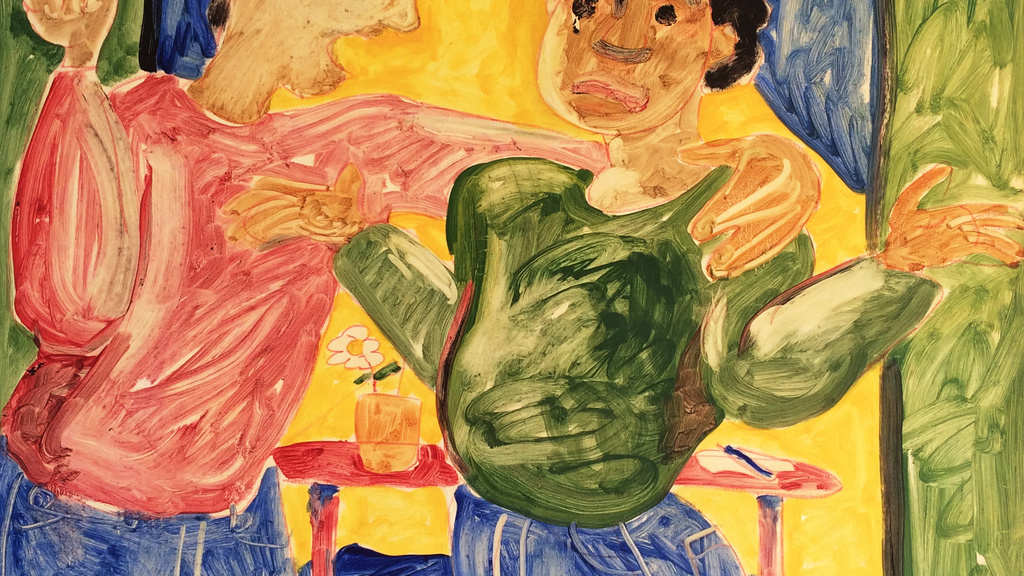 Painting of two men having a conversation and one crying.