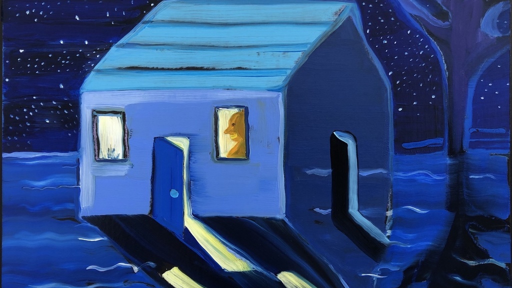 Painting of a person in a blue house at night.
